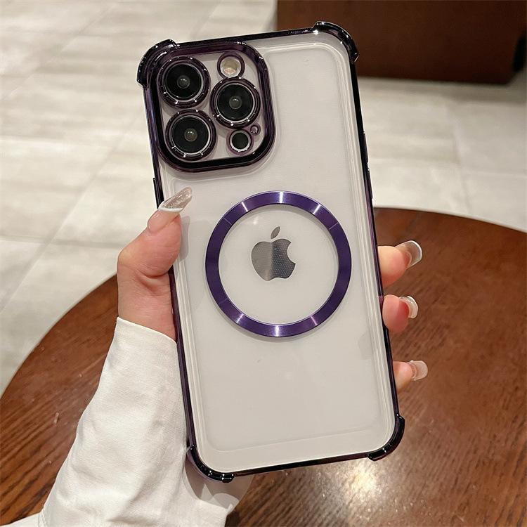

Applicable To Apple 16PRO Four-corner Anti-fall Electroplating Mobile Phone Case Iphone11/13 Solid Color CD Pattern Magnetic Suction Protective Case Apple 16PROMAX фиолетовый