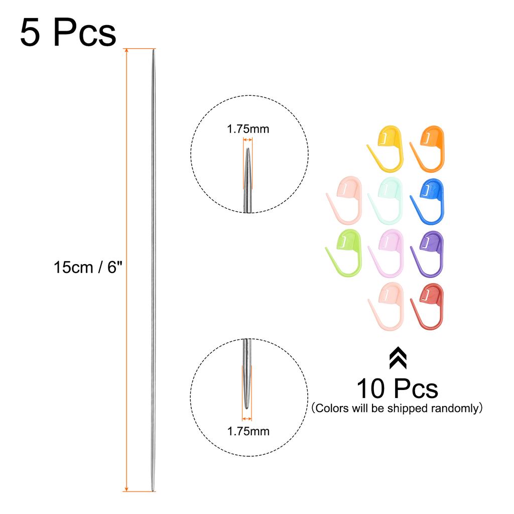 5Pcs Knitting Needle Size US 1.2-5mm Length Stainless Steel Double Pointed Sweater Stitching Needles w 10 Colorful Stitch Marker