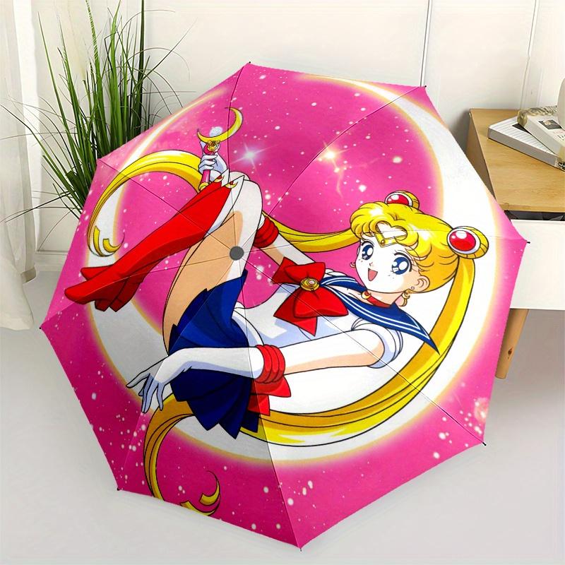 Sailor Moon Crescent Moon Pink Background StickerUmbrella, Portable 3-Fold Compact Umbrella for Men & Women Gift
