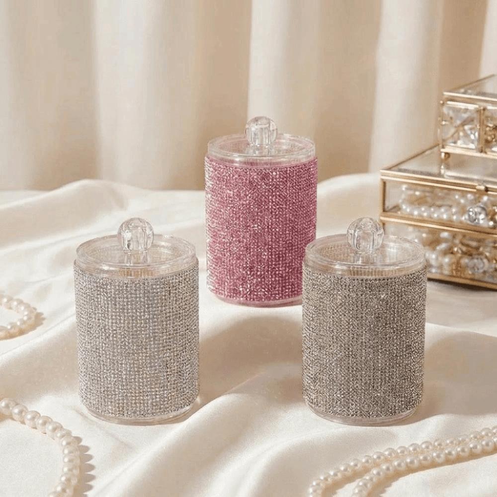 Luxury Diamond-Studded Cotton Swab Storage Box 3 Colors High-end Cotton Pad Storage Jar with Lids Toothpick Box Home Desktop