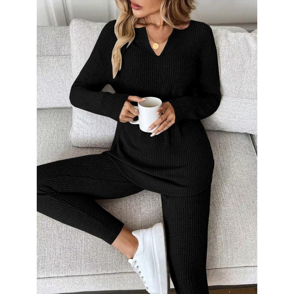 Women's Loose Fit Ribbed Knit Lounge Set Long Sleeve V Neck Top High Waist Leggings Two Piece Outfit