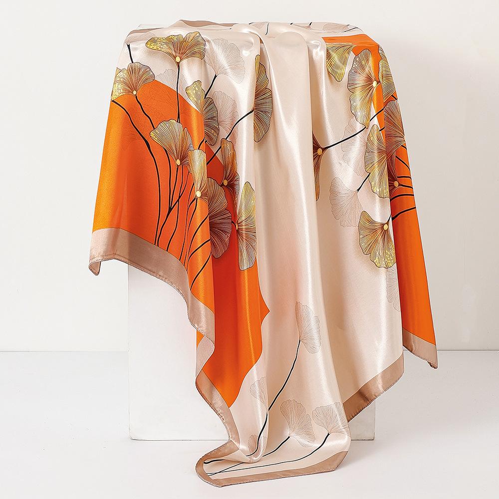 Design Satin Silk Imitation Shawl Hijab Scarf Women Print Ginkgo Leaves Sunscreen Beach Wraps Hijab Female Headkerchief Echarpe