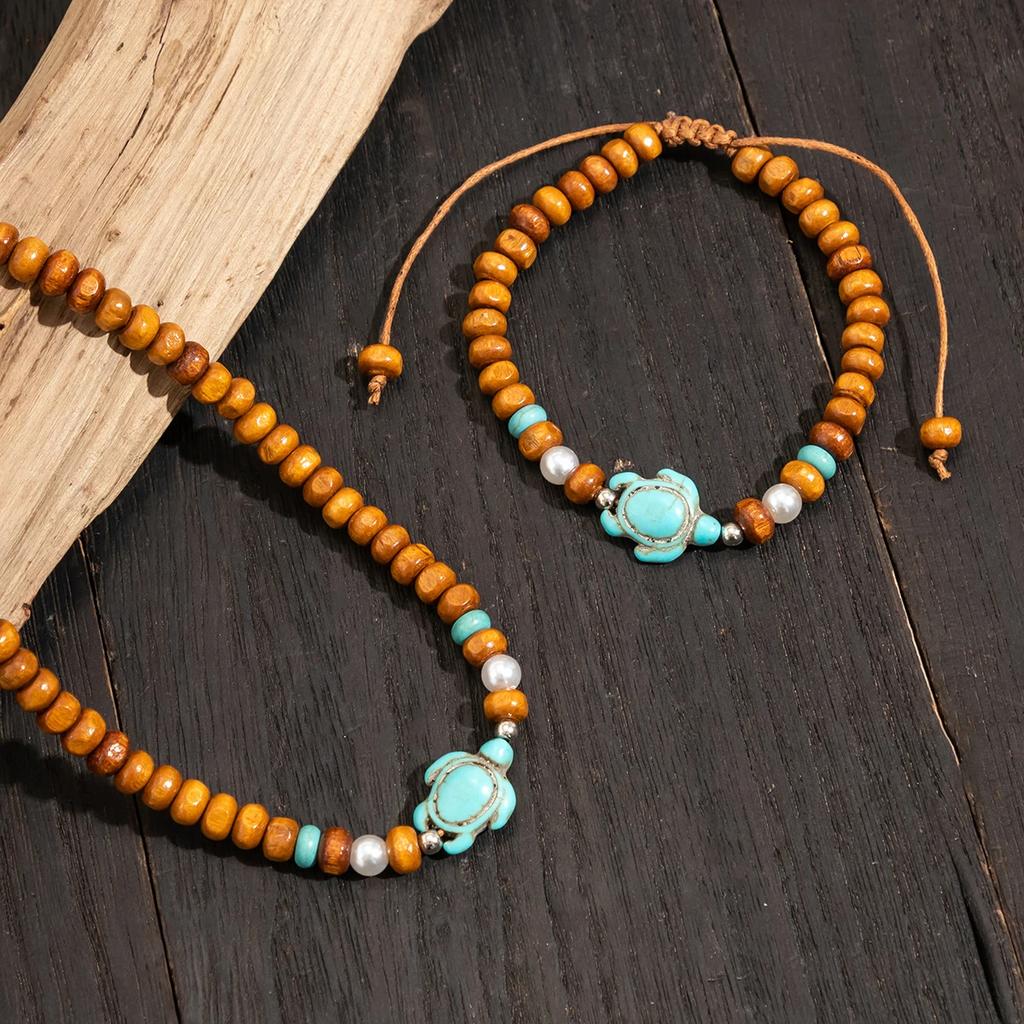Small Wood Beads Chains with Turtle Choker Necklace and Bracelect Set Men Trendy Beaded Accessories on Neck/Hand Fashion Jewelry
