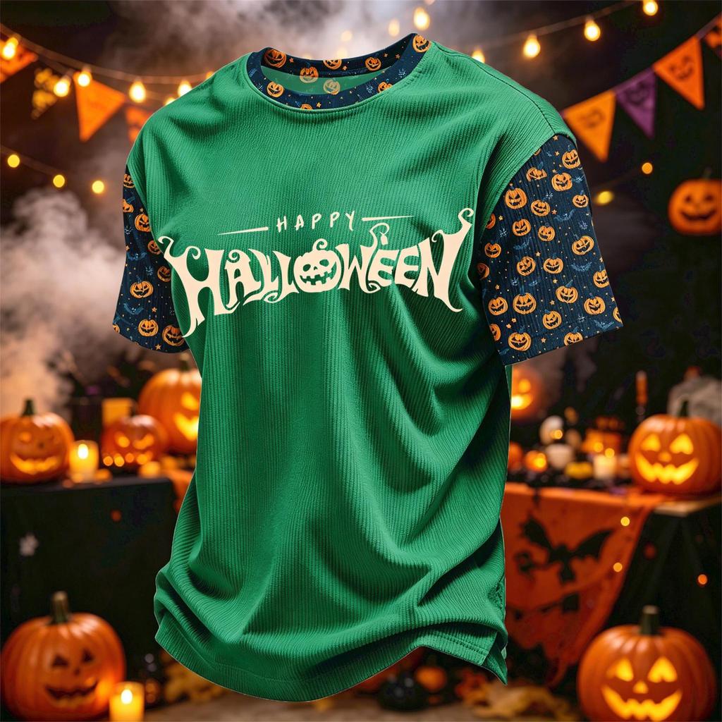 Herren Casual Corduroy Kurzarm Leicht Atmungsaktiv Rundhalsausschnitt Oberteil Halloween-Thema Aufdruck Buchstaben Design Bequeme Passform