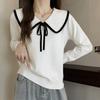 Navava Women Long Sleeve Knit Tee With Color Ribbon Collar Nk3236