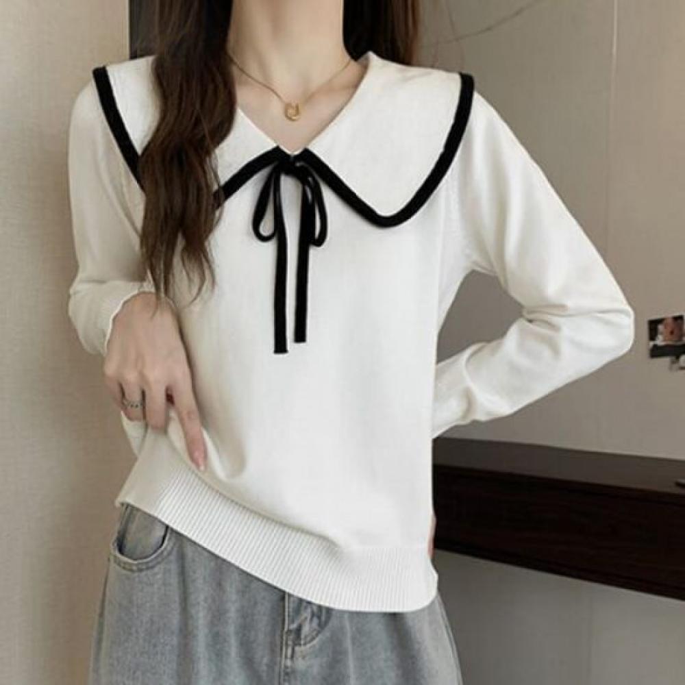 Navava Women Long Sleeve Knit Tee With Color Ribbon Collar Nk3236