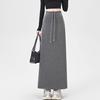 Women Sport Skirt High Waisted Adjustable Drawstring Long Skirt with Hem Slit Pure Color Slimming Design Casual Athletic Skirt