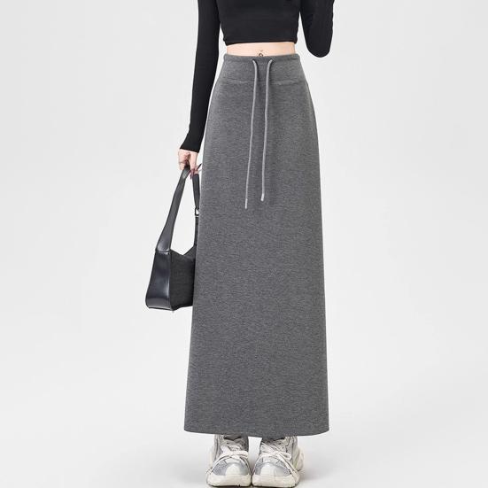 Women Sport Skirt High Waisted Adjustable Drawstring Long Skirt with Hem Slit Pure Color Slimming Design Casual Athletic Skirt