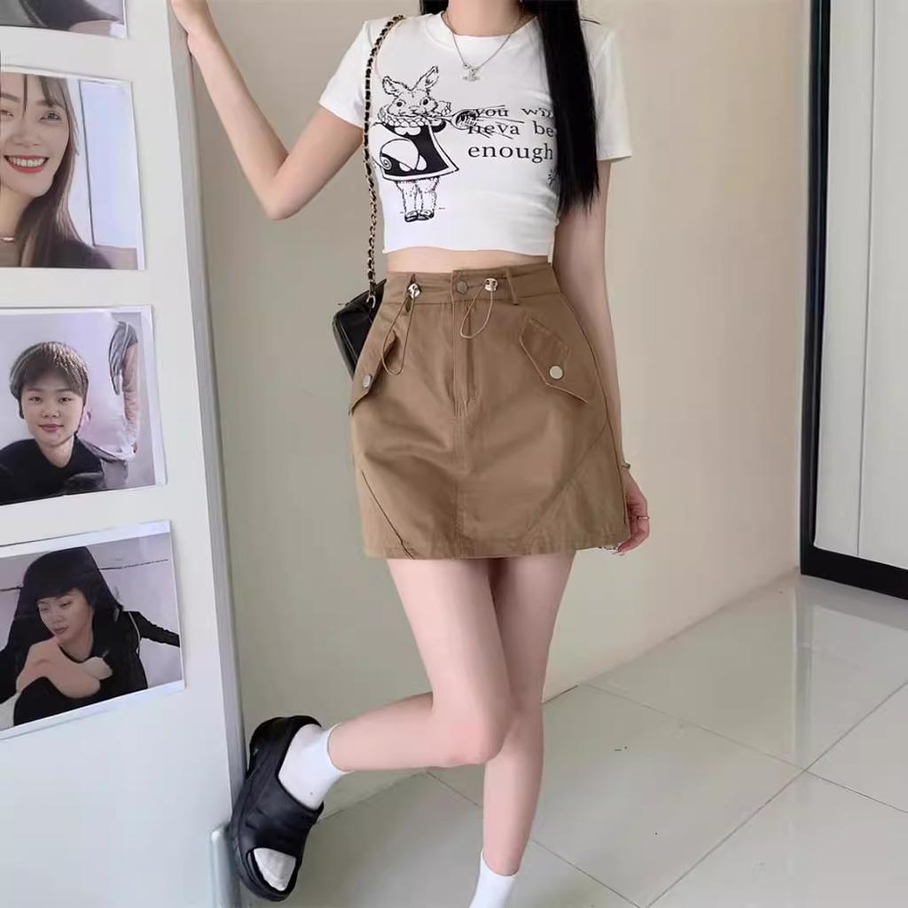Skirt Women's Spring and Autumn High Waist A-Word Grey Skirt Drawstring Cool Spice Girl Hip Tooling Short Skirt