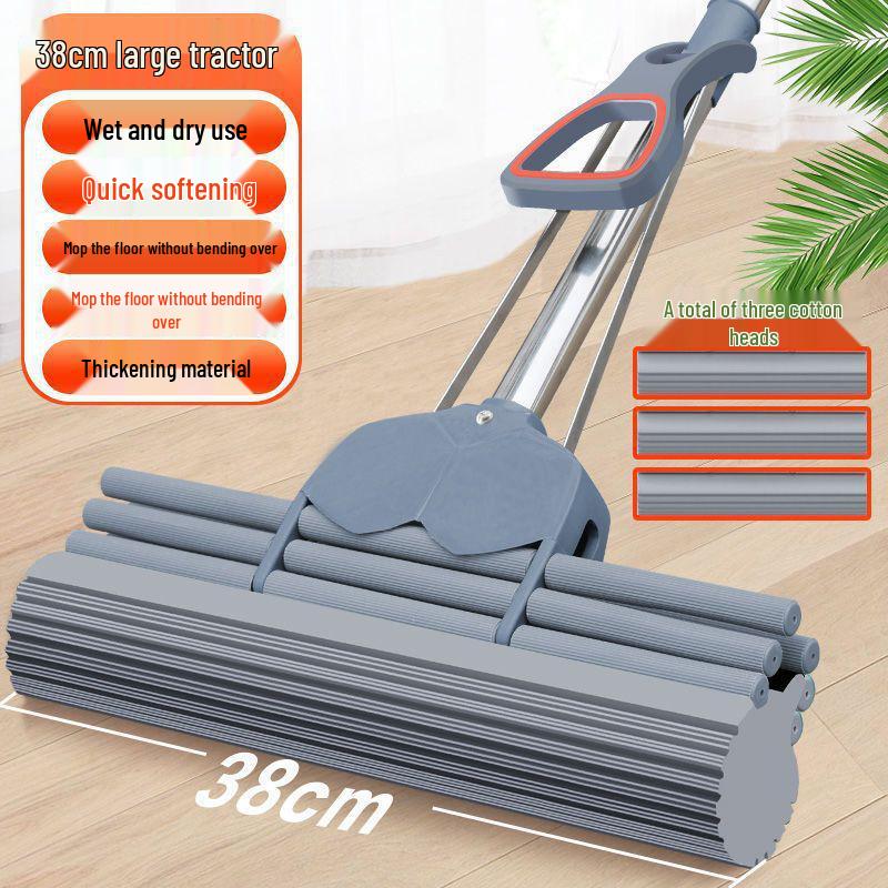 Sponge Mop with Cotton Squeeze Roller - High Absorption, Hands-Free, Large & Durable for Household Floors