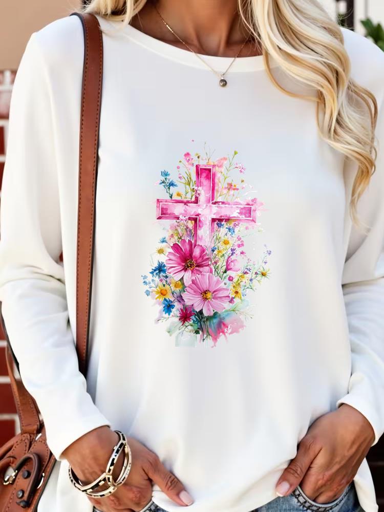 

(Asian Size) lovely watercolor trend autumn winter spring Casual Fashion Print T Shirt Tee Women Clothing Top o-neck Graphic Long Sleeve T-shirts S