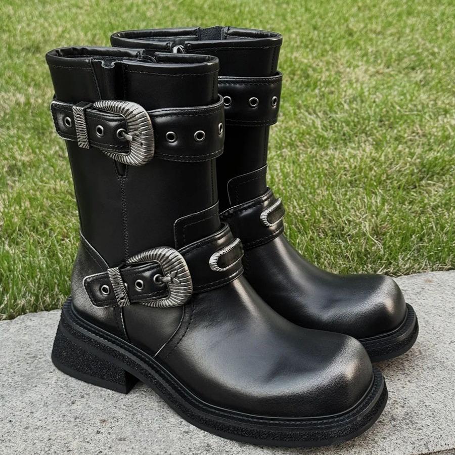 Vintage Maillard Style Short Knight Boots Do Polished Old Martin Boots Women's Autumn and Winter Thick-soled Thick-heeled Belt Buckle Short Boots