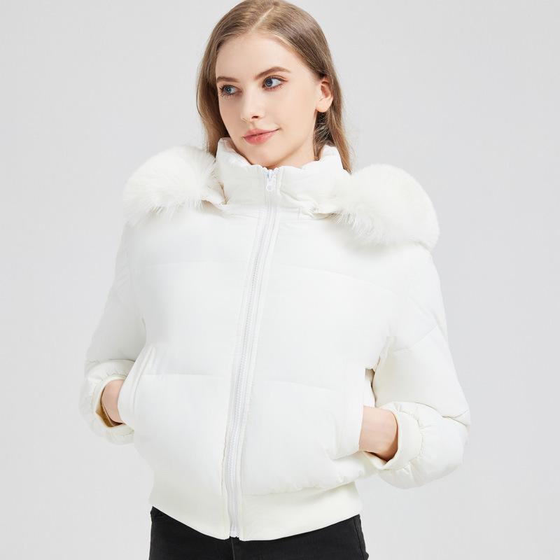 Palton de iarnă elegant pentru femei, stil european/american, design cu talie înaltă, cald și la modă, cu guler mare din blană artificială.