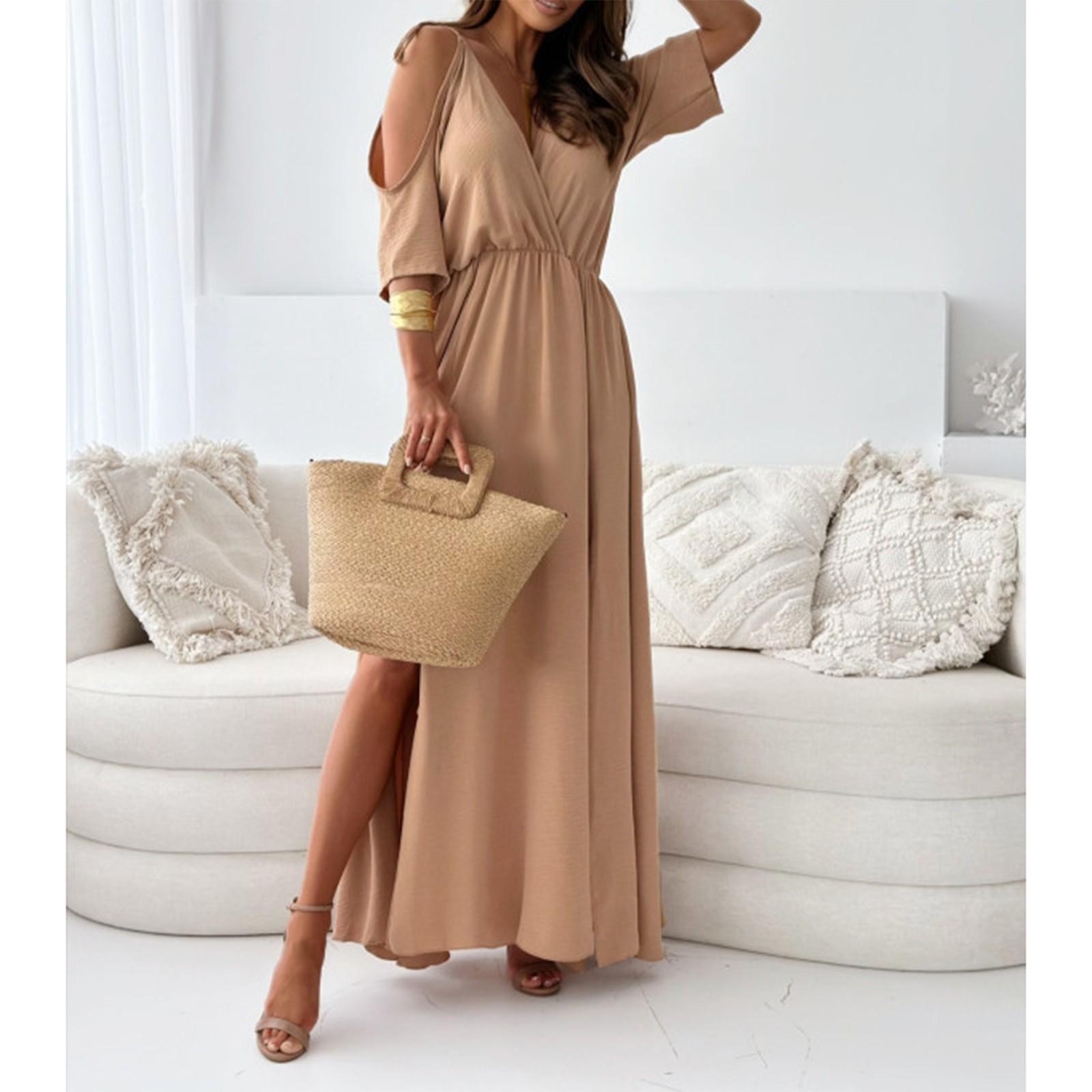

Women s Fashionable Solid Color V-neck Short Sleeve Dress M верблюд