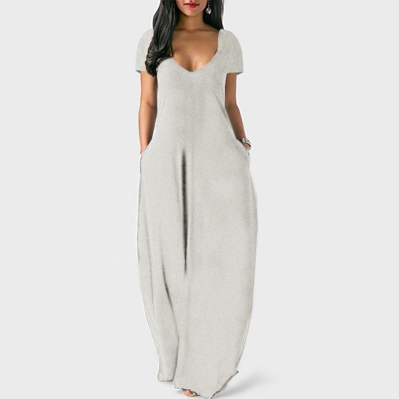QICED Fashion Summer Spring Solid Color Print Short Sleeve U-Neck Casual Dresses Unique design