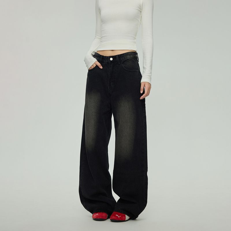 Black of Exit Simple Basic Retro Distressed Trousers Trendy Brand High Street Autumn and Winter New Straight-Leg Jeans