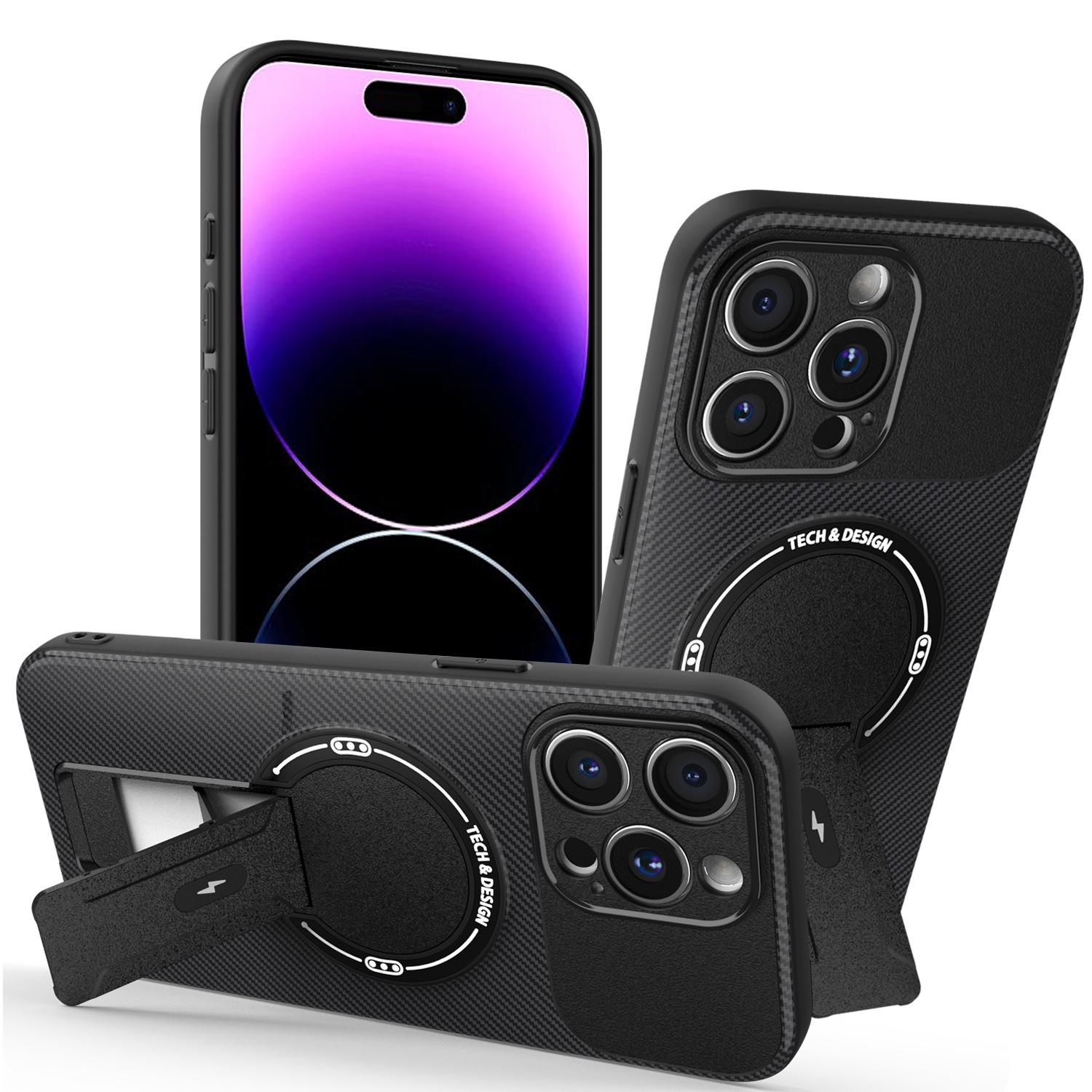

For iPhone 14 Pro Max Case with Kickstand Carbon Fiber Texture PC+TPU Phone Cover Black