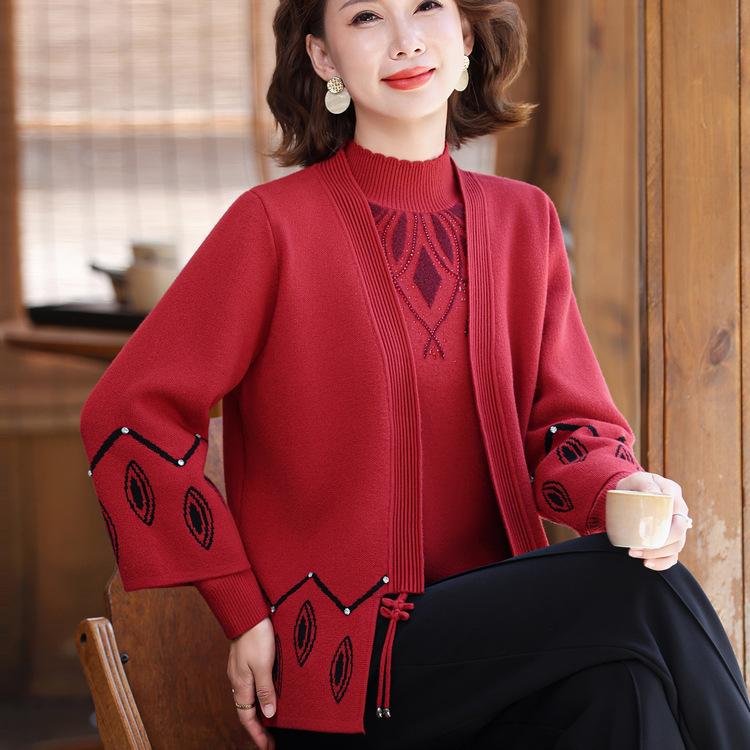 National Style Sweater Suit Fashionable Cardigan Jacket Middle-aged and Elderly Women's Mothers' New Style Plus Velvet Warm Two-piece Set