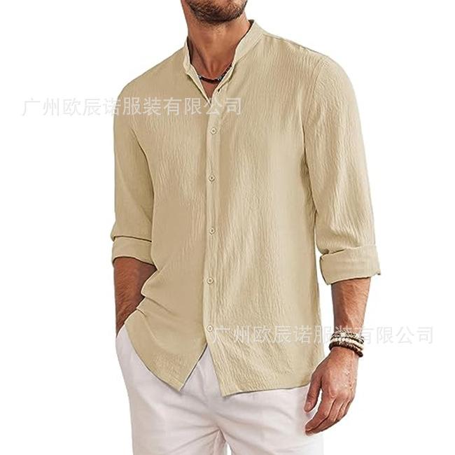 Men Casual Loose Stand Collar Long Sleeve Solid Color Plus Size Shirt
