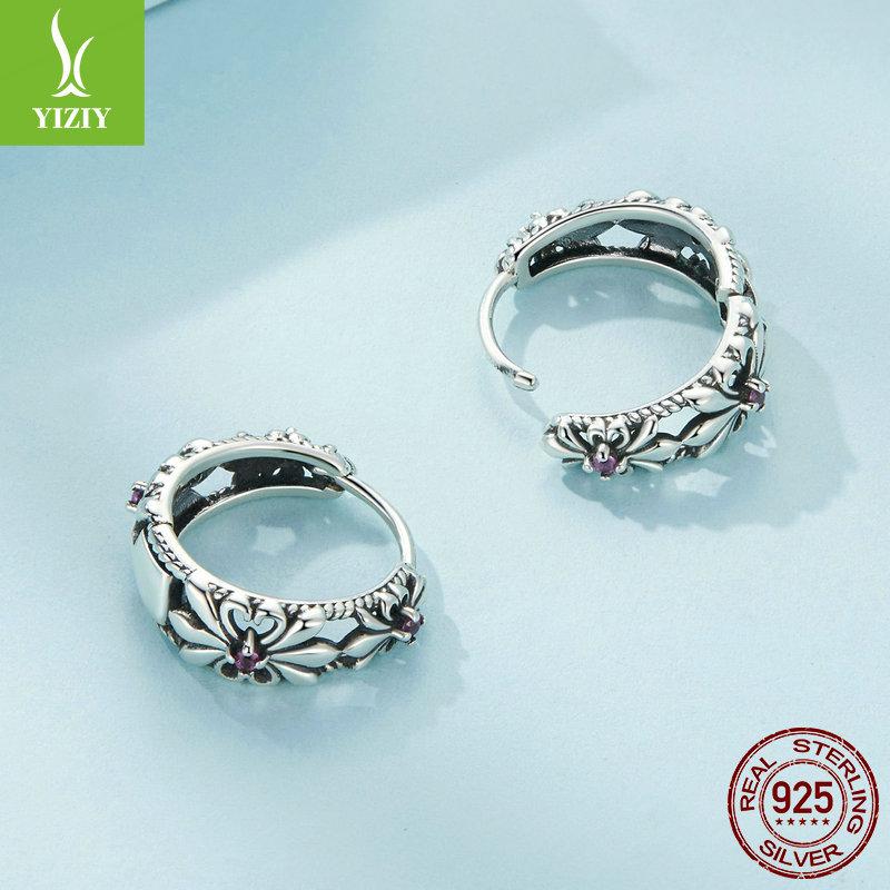 Lila Iris Retro Ohrbügel Damen, Mysteriös Elegantes Muster S925 Sterlingsilber Ohrringe