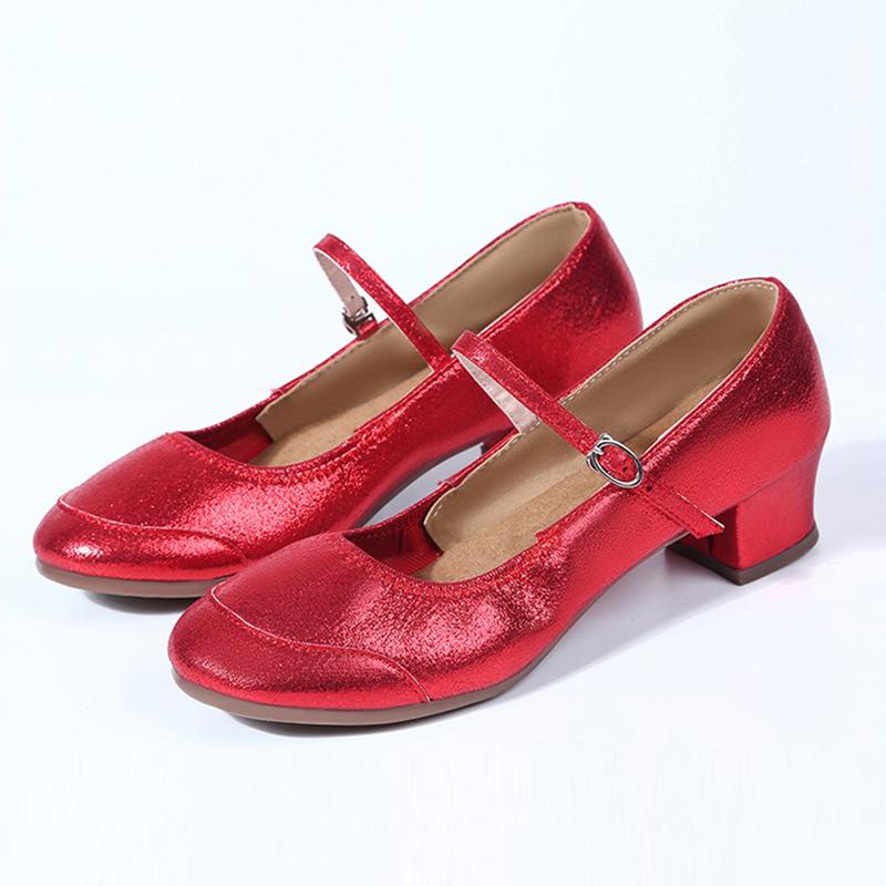 Size 34-42 Ladies' PU Modern Dance Shoes Gold Close Toe Beginner Latin Low Heeled Mary Jane Shoes