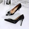 Black patent leather rhinestone high heels new sexy shallow mouth pointed heel square buckle single shoes women