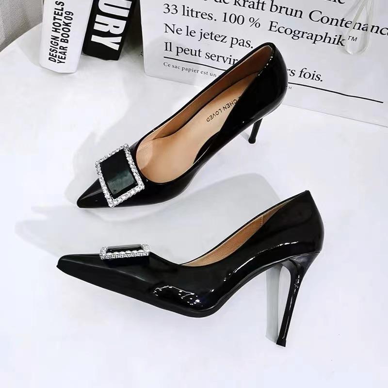 Black patent leather rhinestone high heels new sexy shallow mouth pointed heel square buckle single shoes women