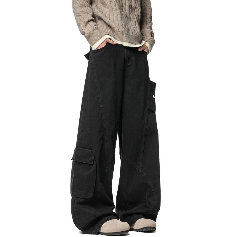 51 Hip-Hop American Retro Coffee-Colored Scimitar Jeans for Men, Spring and Autumn Washed Cotton Loose Straight Wide-Leg Work Pants