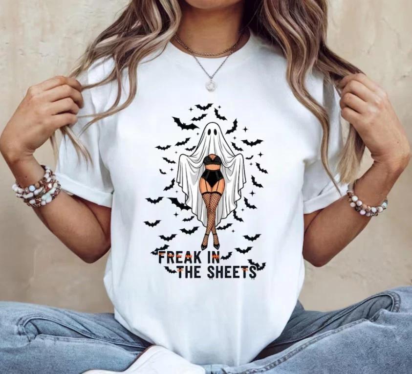 

Freak in the Sheets T-Shirt: Funny Halloween Ghost Tee, Adult Humor 3XL