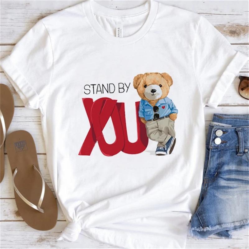 Cute Little Bear Print TShirt Summer Trend White Short Sleeve Neck Casual Sports Aesthetic Clothes Womens Graphic T Shirts