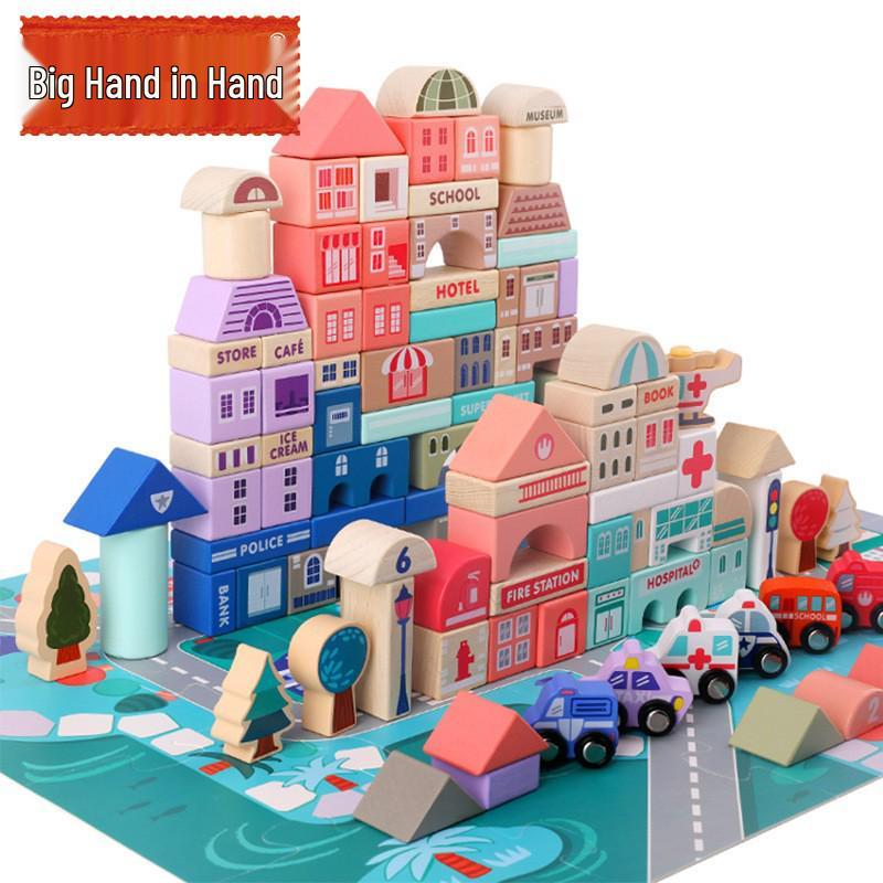 115-Piece Macaron City Wooden Building Blocks for Kids – Large Particle Educational Toy Set