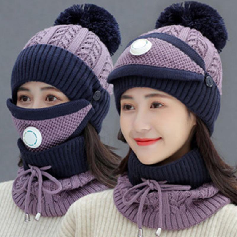 Korean Style Winter Cycling Cap: Woolen Earmuffs, Knitted Hat & Scarf with Breathing Valve.