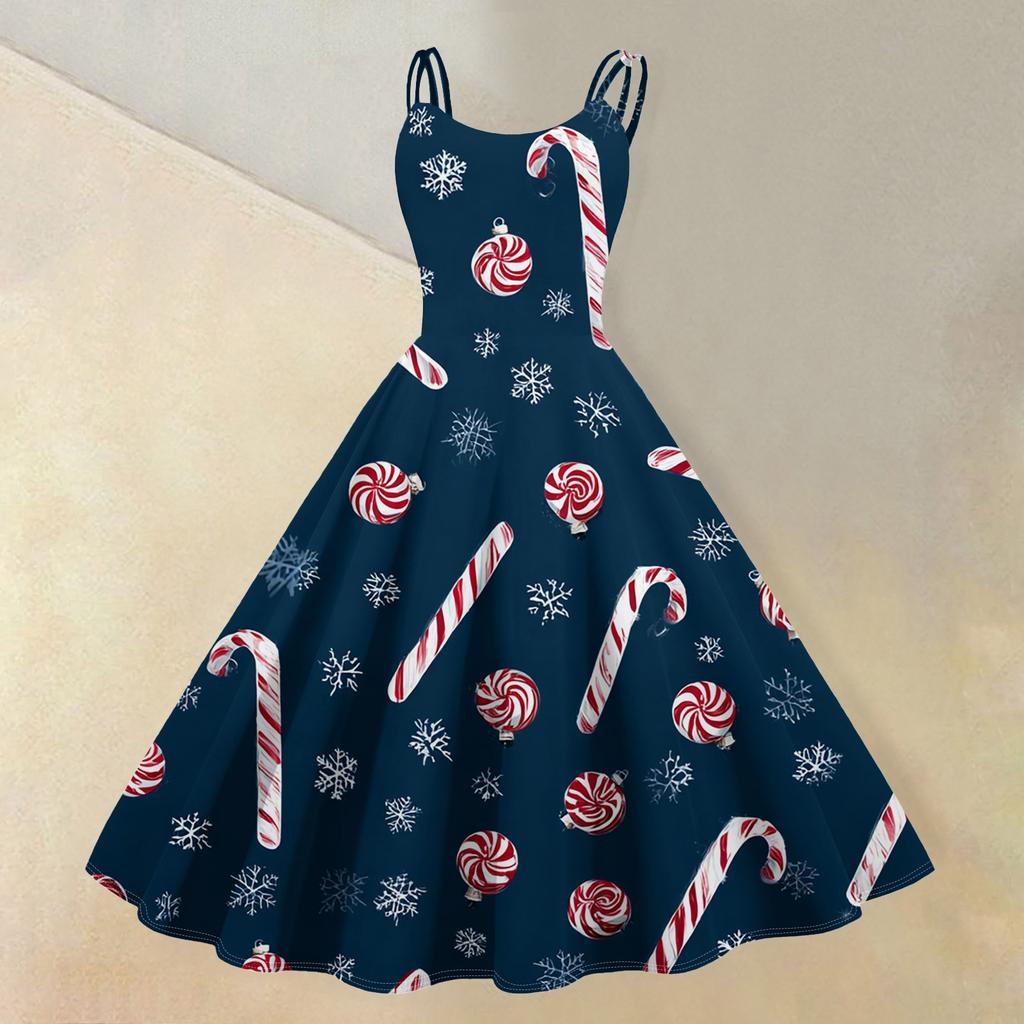 (Fröhliche Weihnachten) Damen Casual Mode Weihnachten Schneeflocke/Weihnachtsbaum/Schneemann Print Rundhals Retro Kleid