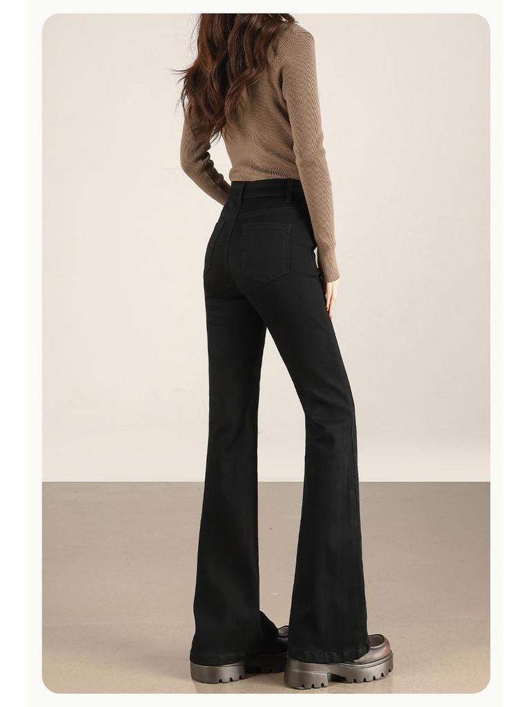 Women's High Waist Patchwork Micro Flare Jeans - 2026 Spring/Summer, Black, Elastic, Slimming Style