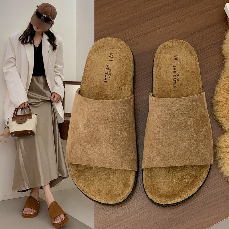 Cowhide version~ New one-word drag 2025 autumn new fashion outer wear matte leather flat-bottomed casual Boken slippers