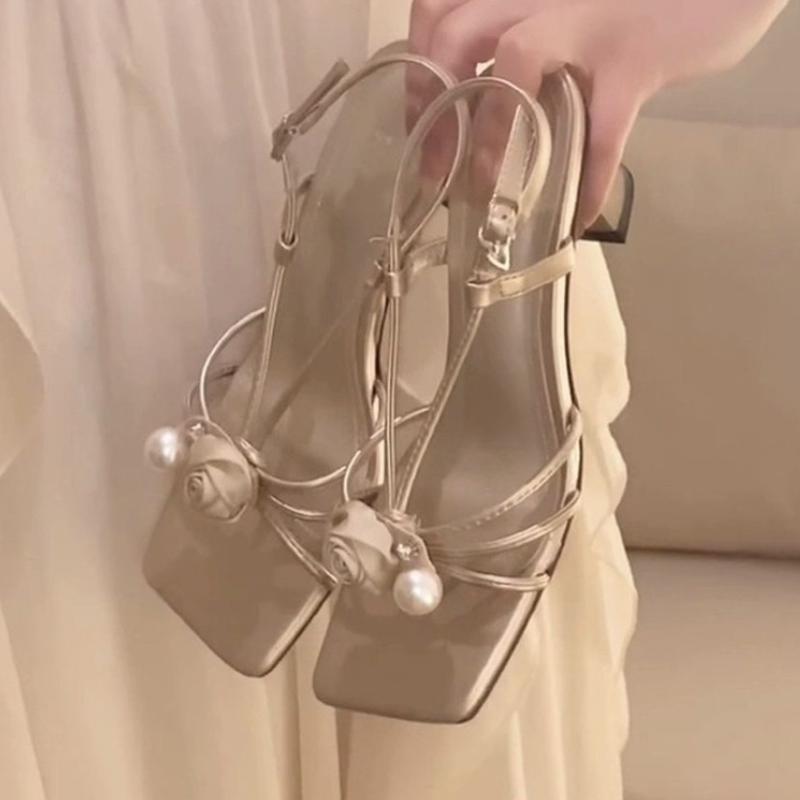 New Party Sandals Women 2025 Female Shoes Buckle Strap Women's Sandals Pearl Floral Square Toe High Heels Shoes Women