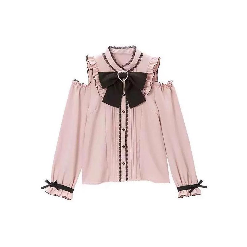 Cross-Border Europe Cute Versatile Japanese Style Bow Long Sleeve Ruffle Shirt for Women