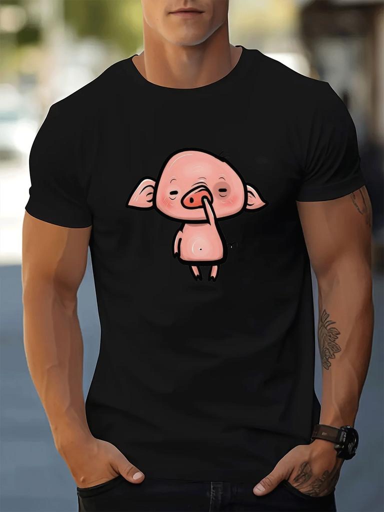 Bright Red Unisexs Cotton Crew Neck Tshirt Humorous Blush Pink Pig Cartoon Art Loose Summer Teen Daily Street Short Sleeve Outfit