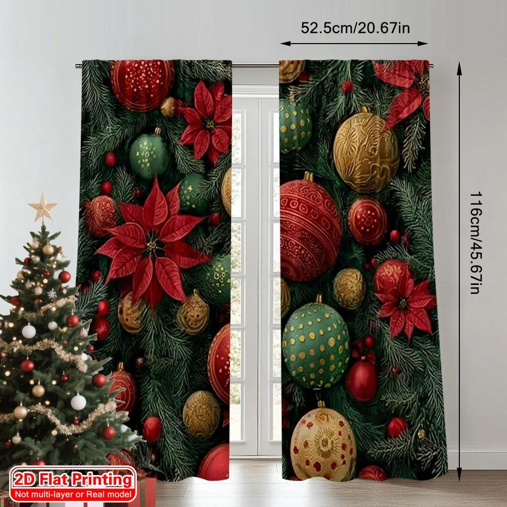 Set Of 2 Flat Printing Fashionable Christmas Curtains Decorations Pine Branch Elements Digital Printed Polyester Drapes Made