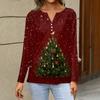 Women's Christmas Print V-Neck Long Sleeve Button Casual T-Shirt Tunic Blouse