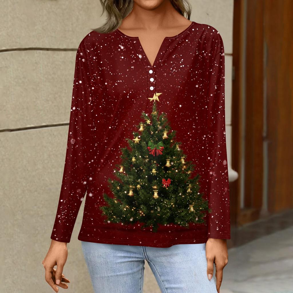 Women's Christmas Print V-Neck Long Sleeve Button Casual T-Shirt Tunic Blouse