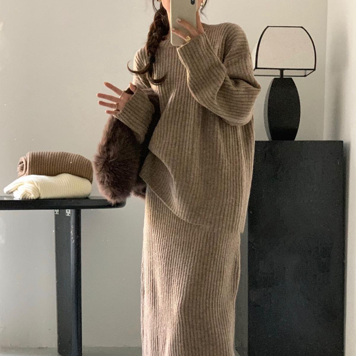 

Ленивый Свободный Комплект Свитера и Юбки с Круглым Вырезом Осень и Зима Универсальный Вязаный Свитер Комплект из Двух Предметов XL хаки