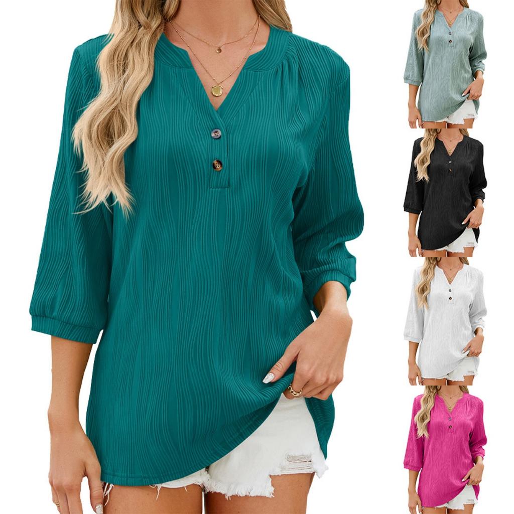 Spring Summer New Women's Solid Color V-Neck Loose Buttoned Half Sleeve T-Shirt Top Leisure Trade Europe America