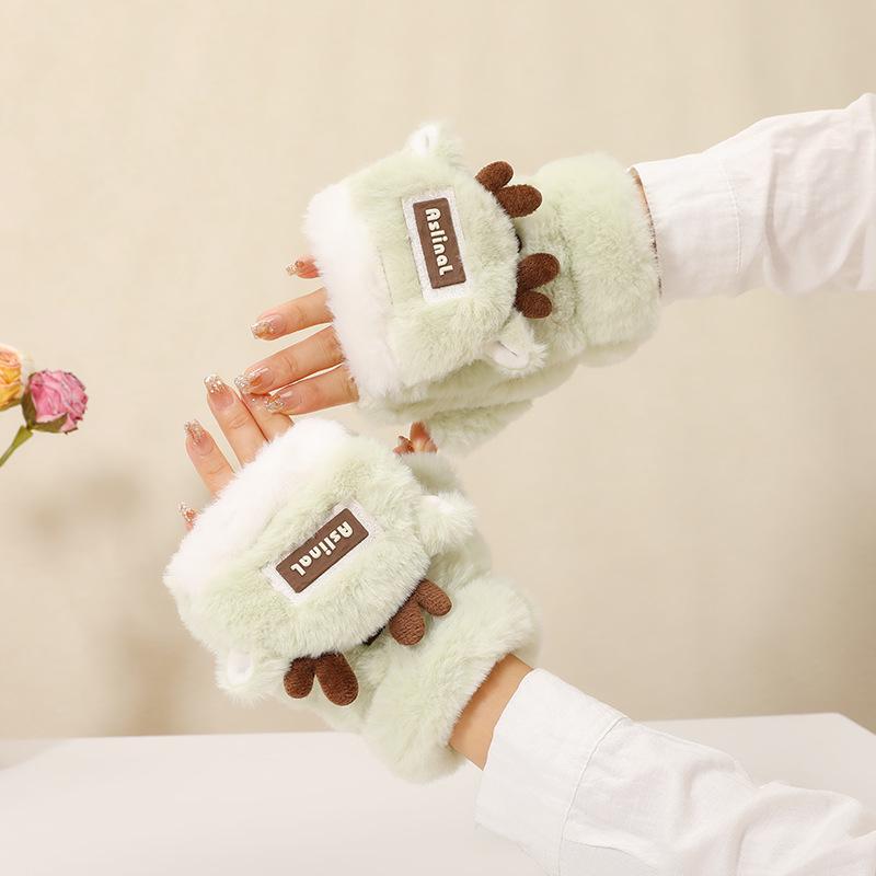 Women's Winter Warm Color Block Reindeer Flip Fingerless Gloves - Fleece Lined, Thickened & Anti-Freeze for Writing & Cycling