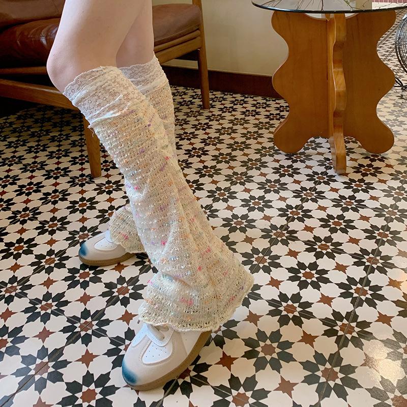 Y2K Lace Trim Flare Leg Warmers, Colorful Tweed Slouchy Socks for Women, Retro Streetwear Fashion Accessories