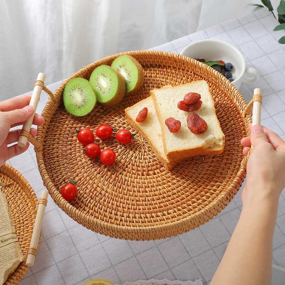 Fruit Basket Vine Woven Ear Tray High-capacity Mantou Baskets with Handle Living Room Household Storage Basket Bamboo Woven Tray