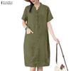 Women Casual V-neck Solid Color Loose Short Sleeve Dress