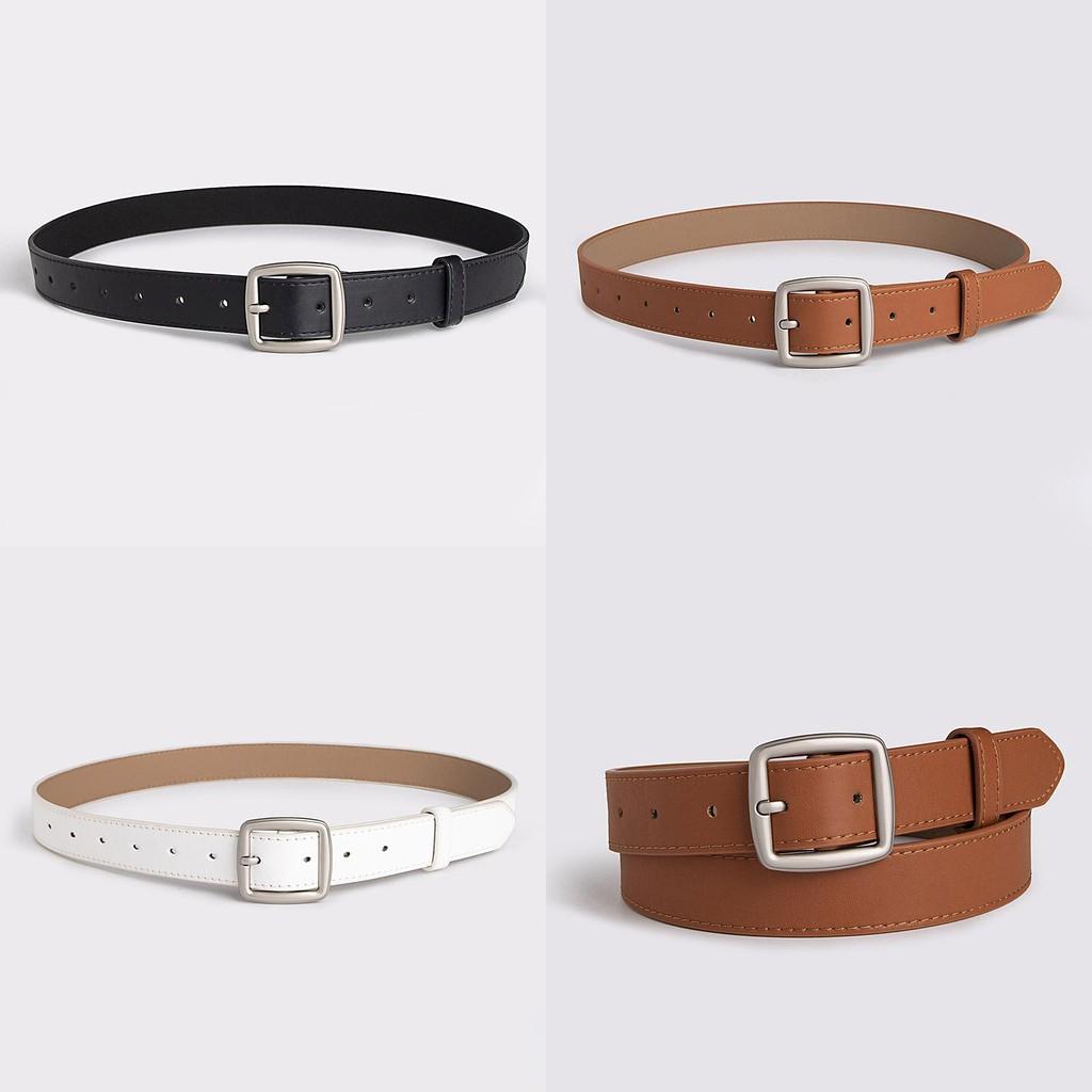 Color Solid Simple Womens Leather Look Belt With Geometric Design Buckle Metal