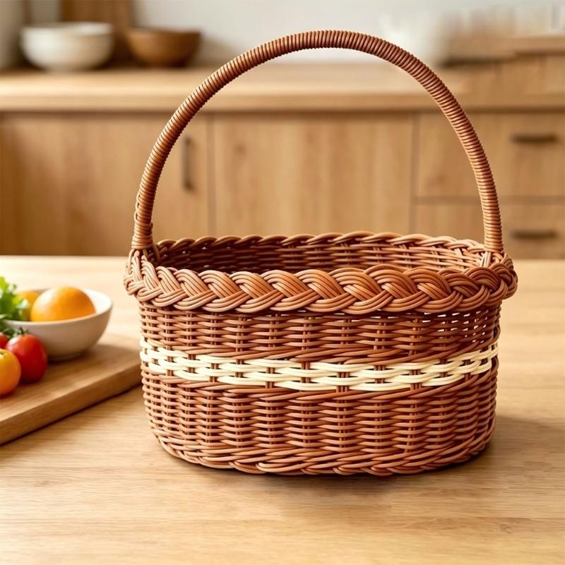 Faux Wicker Basket with Handle, Plastic Fruit Display Basket for Countertop Display, Home Storage, and Carry Use