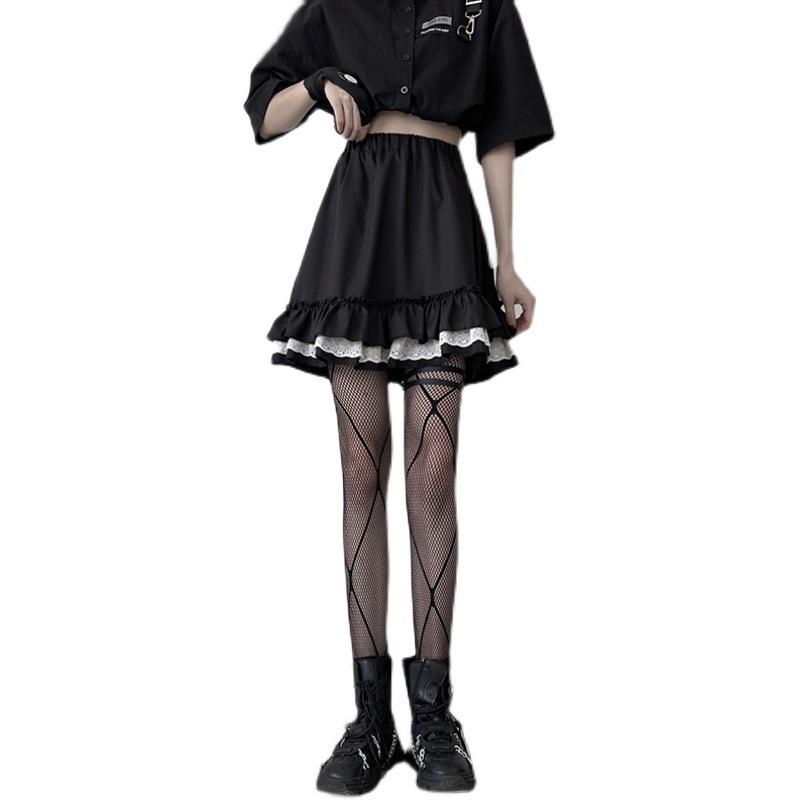 Short Skirt Dark Gothic Female Student A-line Pleated Skirt High Waist Skirt Lace